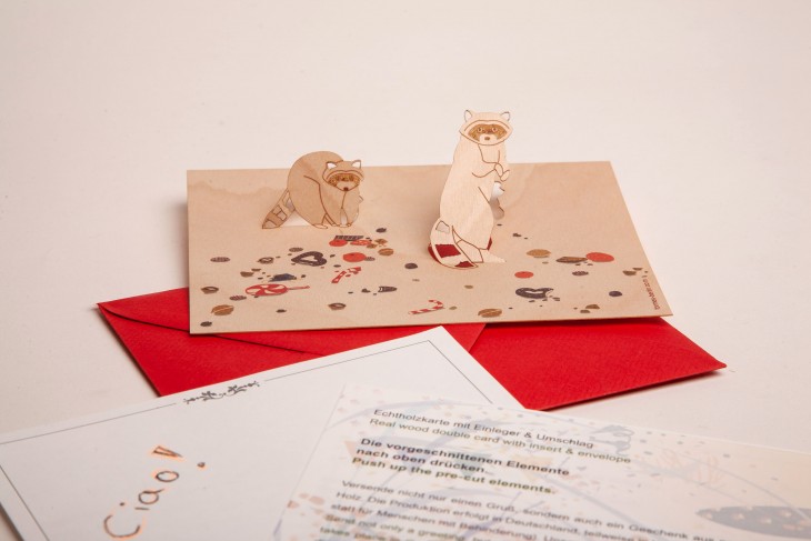 Waschbären - Holzgrußkarte mit PopUp-Motiv - Birke