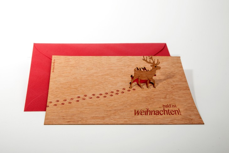 Rentier, Bald ist Weihnachten - Holzgrußkarte mit PopUp-Motiv