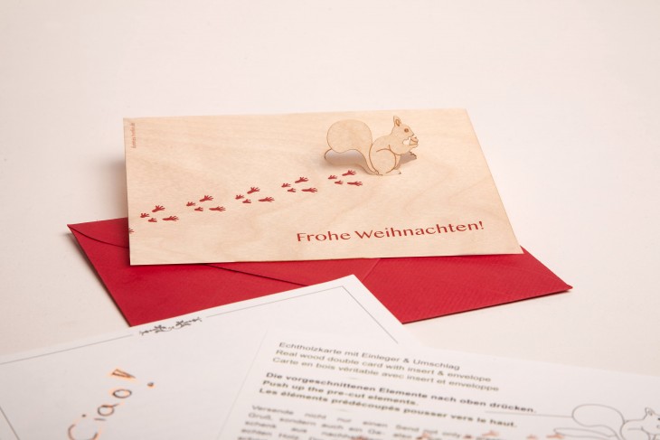 Squirrel, Bald ist Weihnachten - Wooden Greeting Card with Pop Up Motif - birch