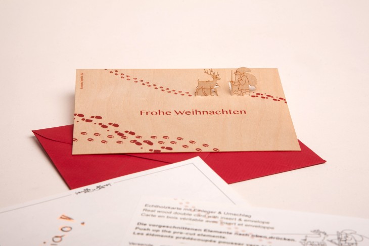 Reindeer &amp; Santa Claus, Frohe Weihnachten - Wooden Greeting Card with Pop Up Motif - birch