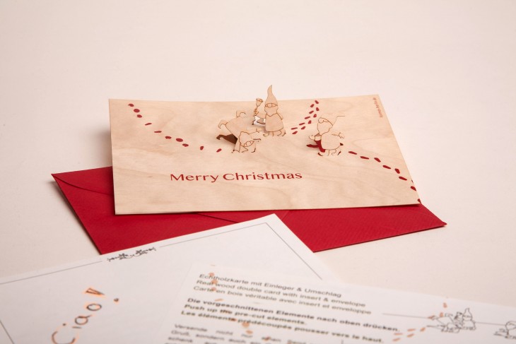 Wichtel, Merry Christmas - Holzgrußkarte mit PopUp-Motiv - Birke