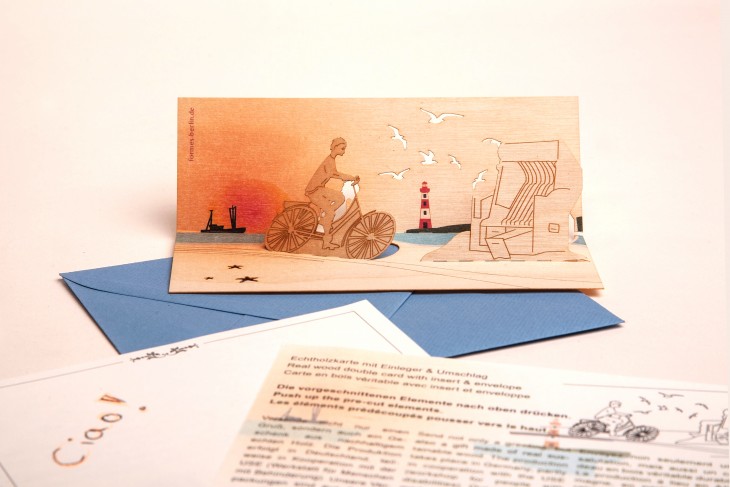 Bike by the sea - Wooden Greeting Card with Pop Up Motif - birch