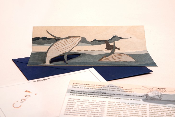 Whale - Wooden Greeting Card with PopUp-Motif - birch