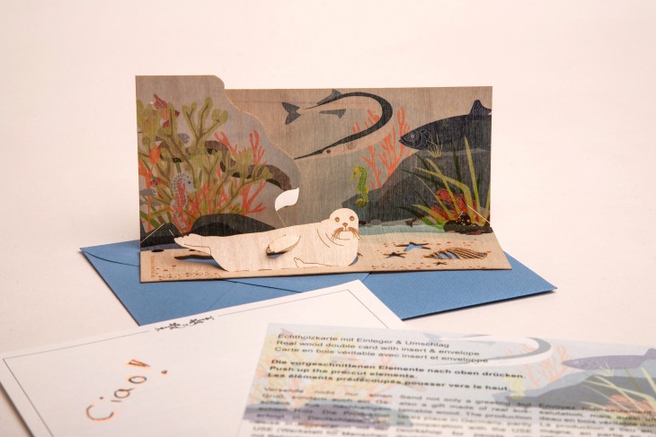 Seehund - Holzgrußkarte mit PopUp-Motiv - Birke