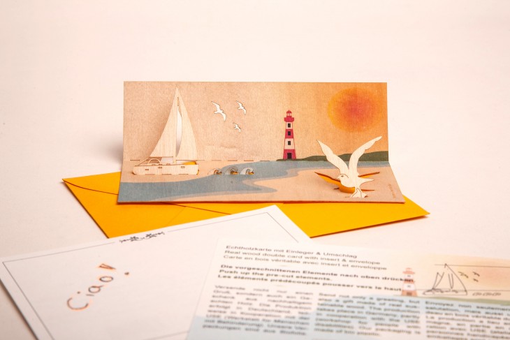 Segelboot - Holzgrußkarte mit PopUp-Motiv - Birke
