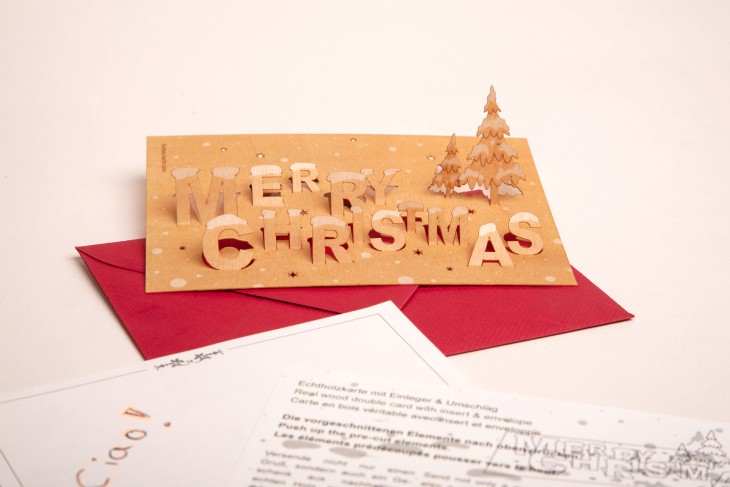 Merry Christmas - Wooden Greeting Card with Pop Up Motif - birch