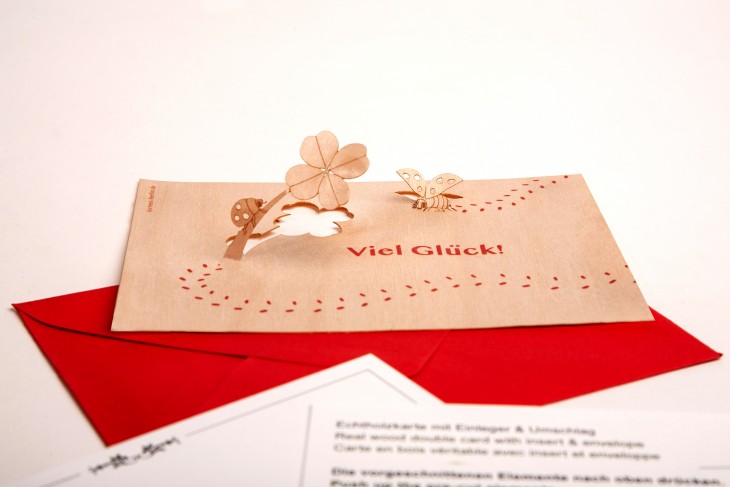 Ladybug, Viel Glück - Wooden Greeting Card with Pop Up Motif - birch