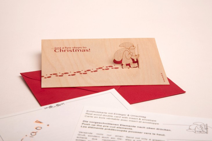 Nikolaus, Just a few steps to Christmas - Holzgrußkarte mit PopUp-Motiv - Birke