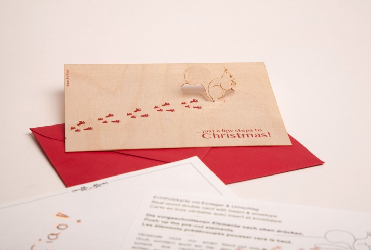 Squirrel, Just a few steps to Christmas - Wooden Greeting Card with Pop Up Motif - birch