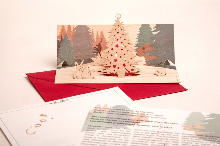 Weihnachten im Wald - Holzgrußkarte mit PopUp-Motiv - Birke